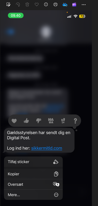 Falsk sms fra en organisation, der ligner Gældsstyrelsen, men ikke er det.