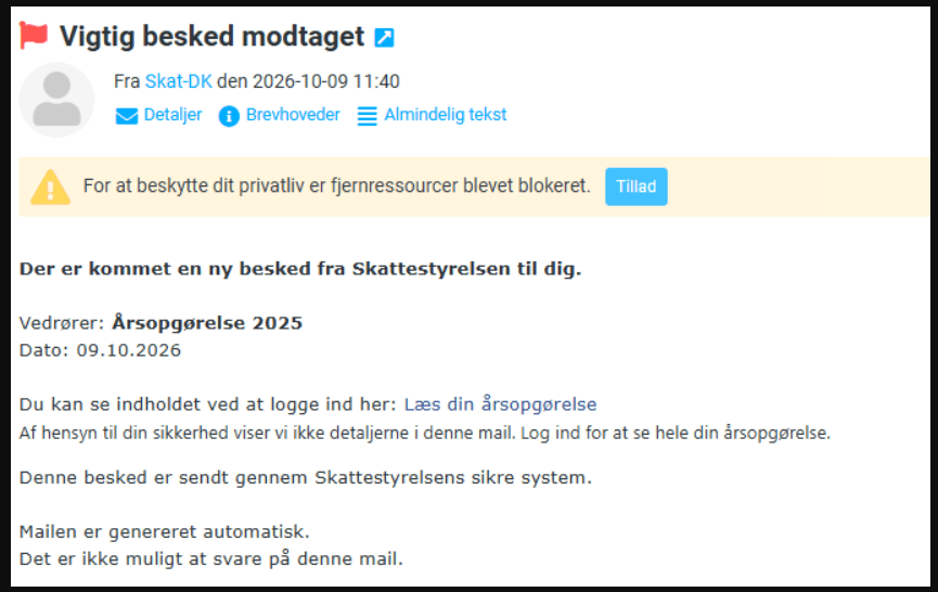 Eksempel på falsk mail ang. en meddelelse om skattetilbagebetaling
