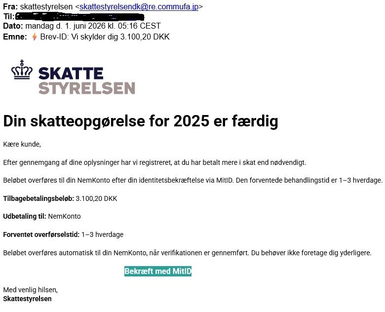 Eksempel på falsk mail juni 2026